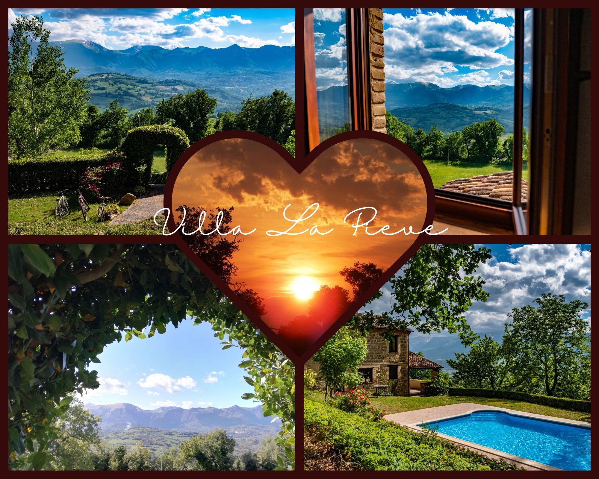 Un collage di foto della piscina e dei panorami di Villa La Pieve, casa vacanze con piscina